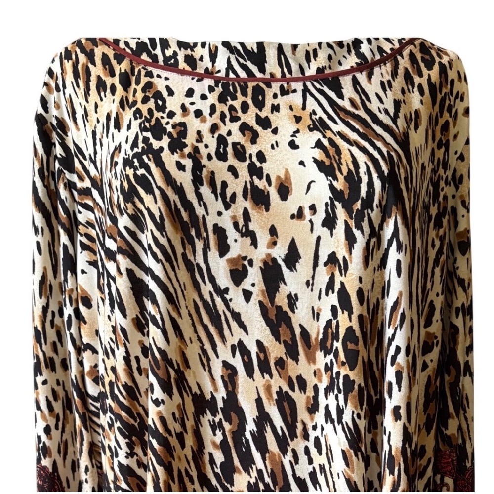 Susan Graver Womens 2X Liquid Knit Animal Print Paisley Border Tunic Top Red Tan